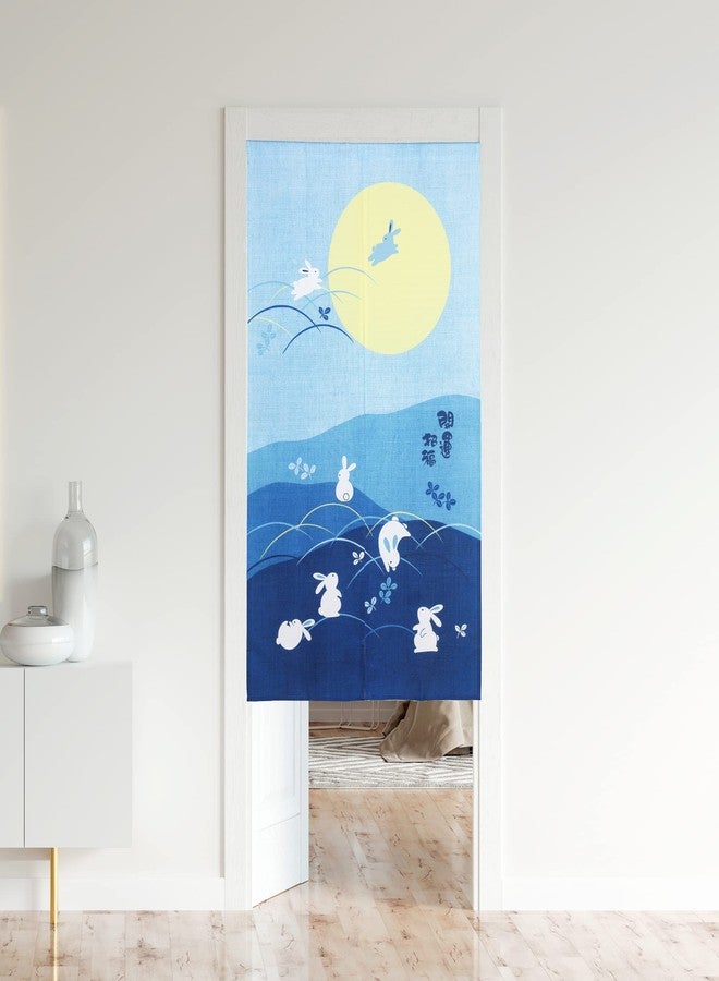 Moslovstar Japanese Noren Door Curtain Bunnies Frolicking Under Moon Printing Doorway Curtain Home Privacy Partition Decor, 33.5 Inch by 59.1 Inch, Blue - Image 2
